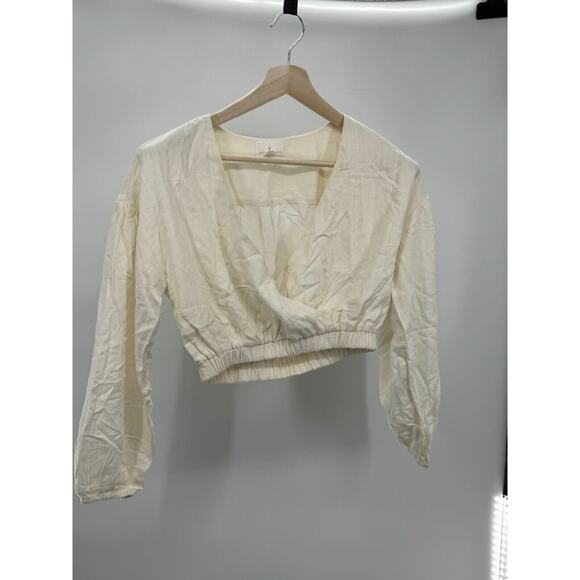 Lost + Wander Womens Top Cream Small Cropped Long Sleeve V-Neck Elastic Hem - Picture 1 of 3